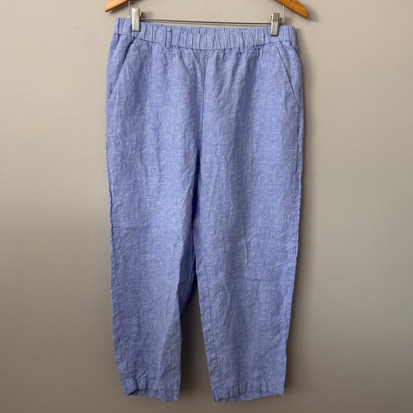 Quince Pants - Quince Womens Large Blue 100% European Flax Linen Wide Leg Pants Elastic Waist